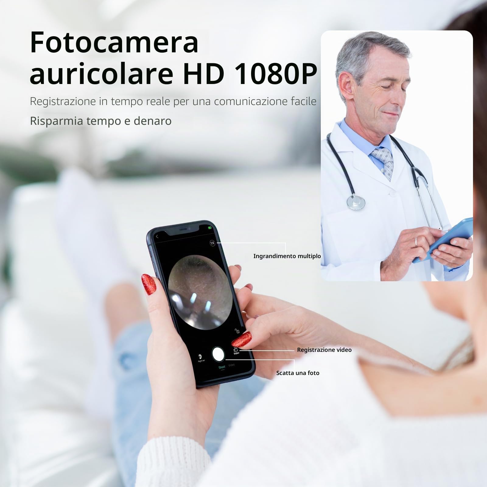 Qimic Otoscopio, Pulisci Orecchie con Telecamera 1080P, Endoscopio per Orecchio con WIFI, Pulizia Orecchie con Pinzette, Pulitore Orecchie Otoscopio per iPhone, iPad e Android
