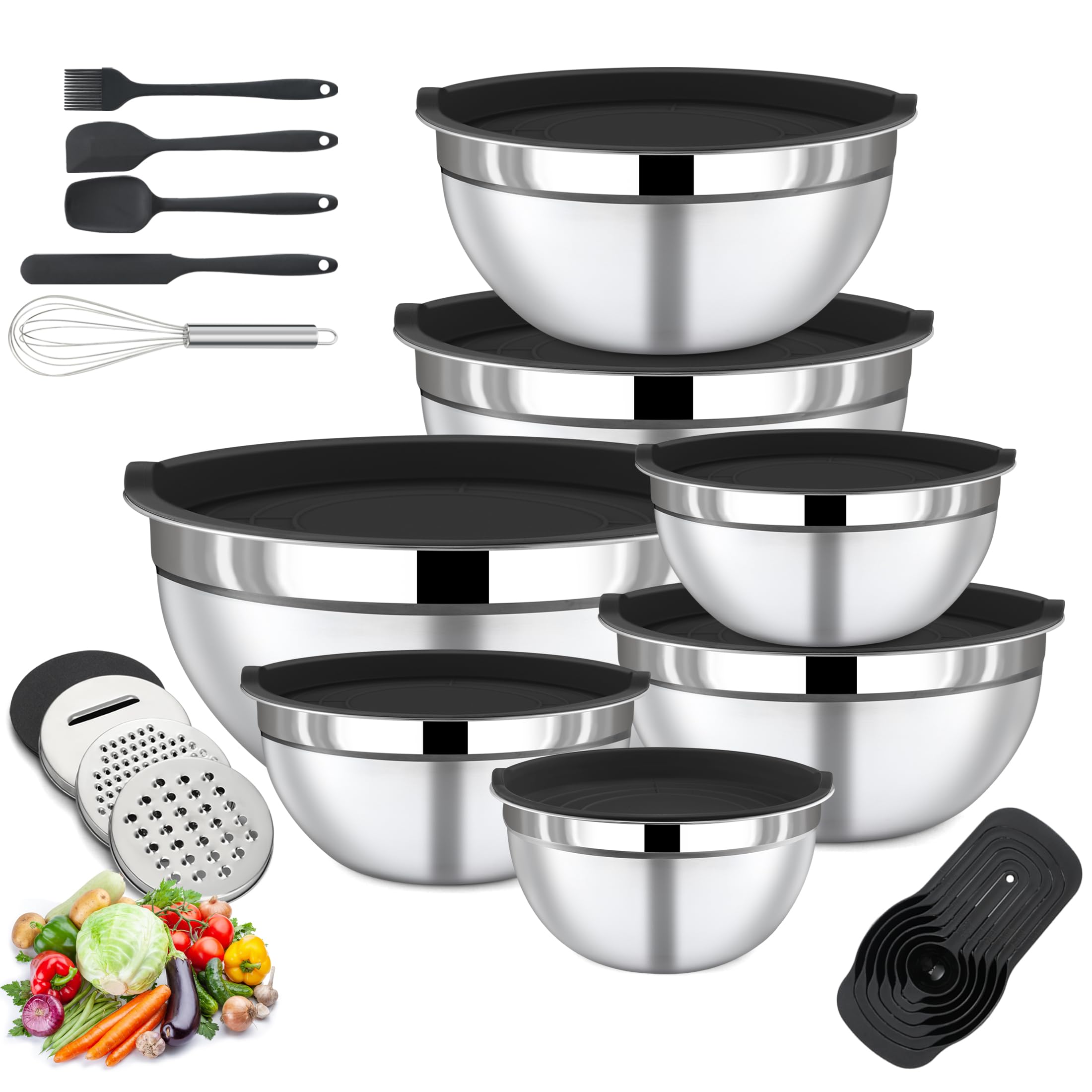 BEWOS 7-teiliges Rührschüssel Set mit Deckel - Rührschüsseln Edelstahl mit Reibe, nistend Design & Spülmaschinenfest, Größen 0.74, 1.16, 1.59, 2.00, 2.75,3.38, 4.54 QT zum Mischen & Servieren