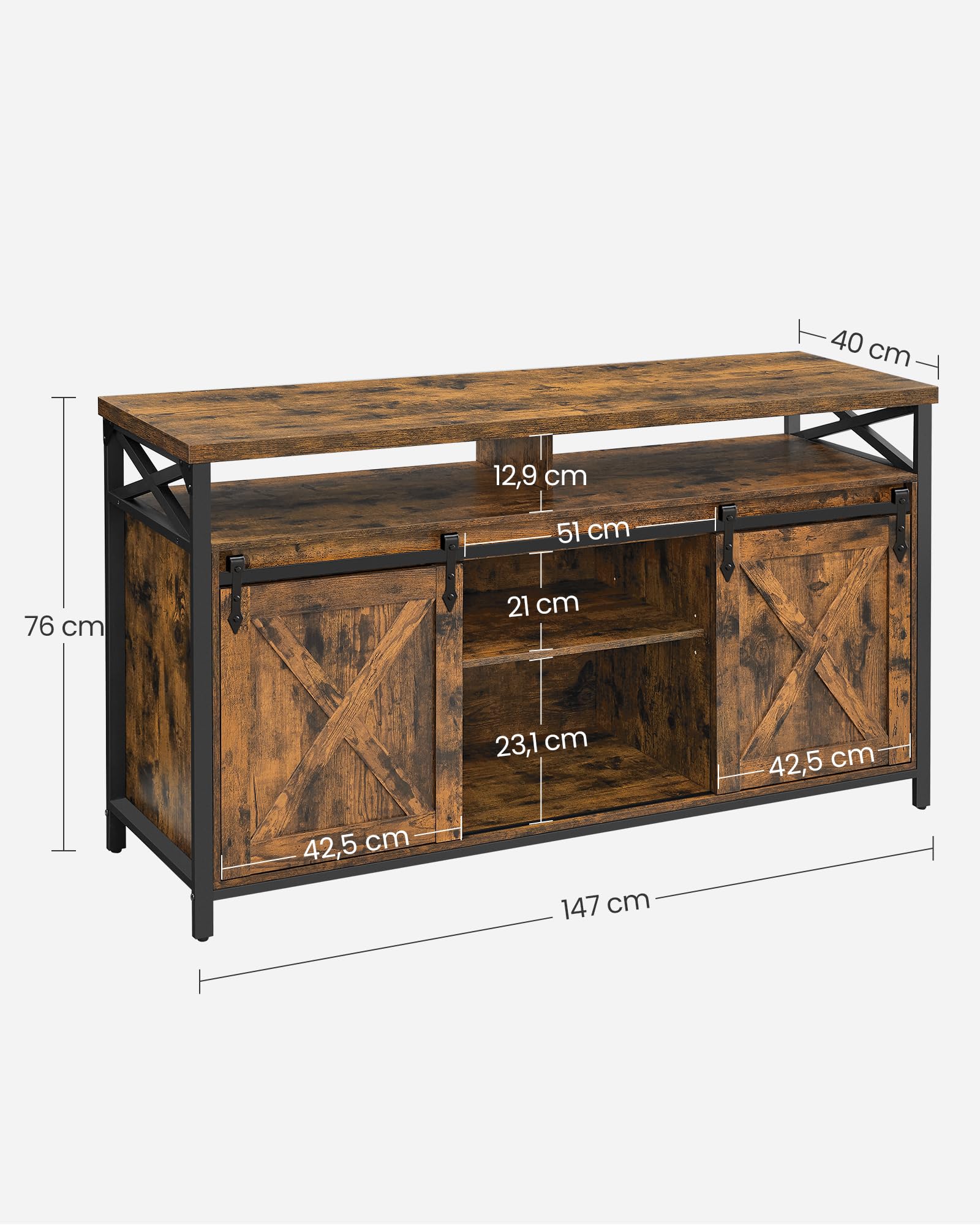 VASAGLE Mueble para TV, Soporte para TV de 65 Pulgadas, con Estantes Ajustables, Puertas de Granero, Diseño de Granja, Marco de Metal, Marrón Rústico y Negro LTV071B01V1