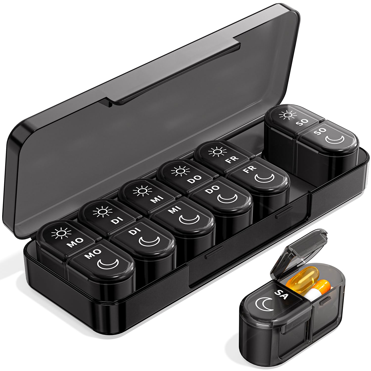 Tablettenbox 7 Tage Morgens Abends, Pillenbox 7 Tage 2 Fächer Klein Für Unterwegs, Medikamentenbox 14 Tage Große Fächer Für Medikamente, Vitamine, Fischöl - Schwarz