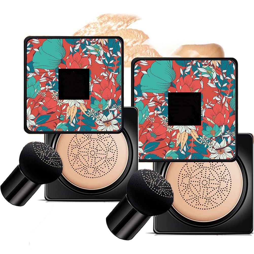 KASTWAVE Air Cushion CC Cream, Mushroom Head Foundation Air Cushion BB Cream, Concealer Moisturizing Brighten Makeup Long Lasting Waterproof, Even Skin Tone Makeup Base Primer (Natural 2Pack)