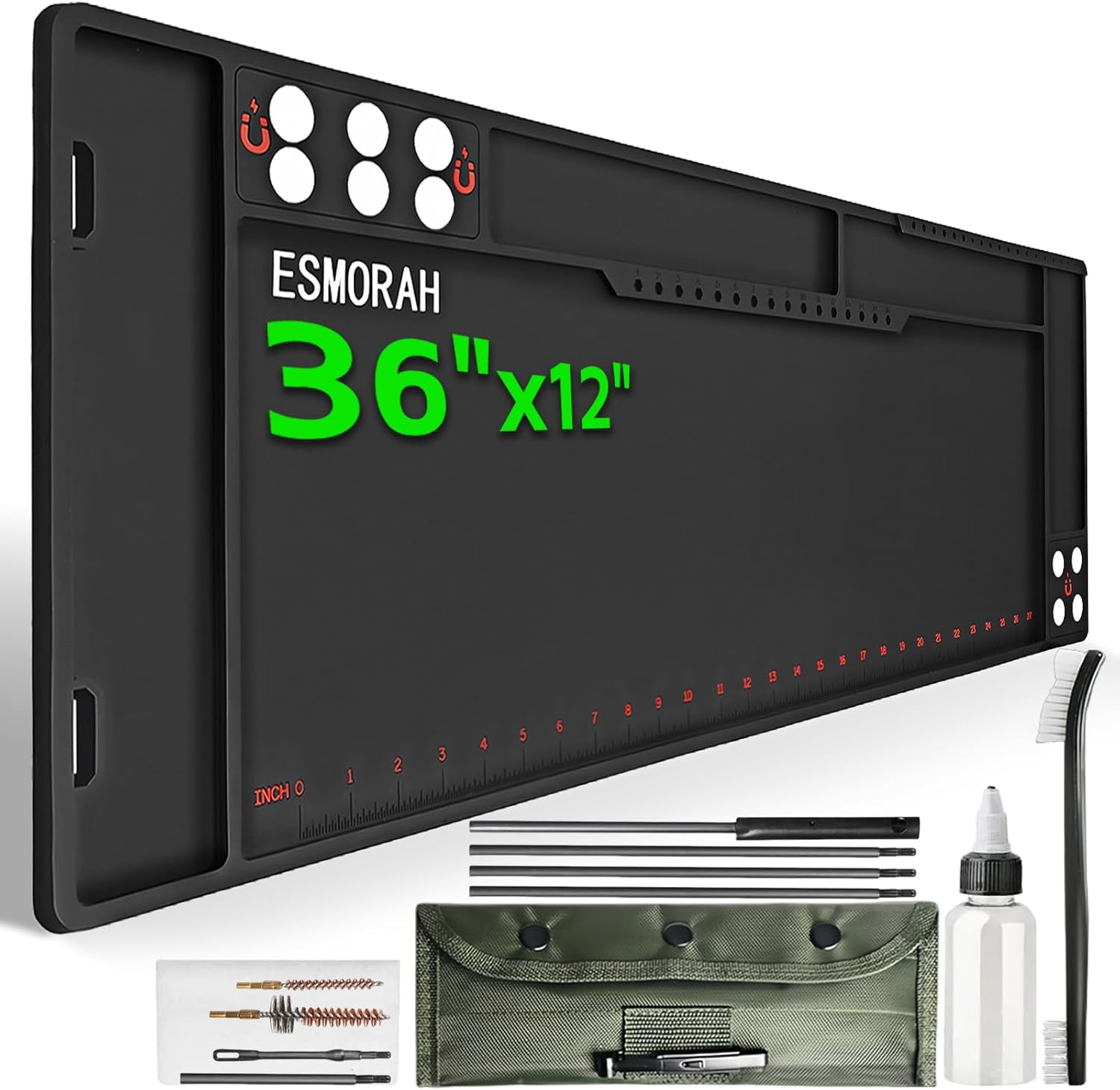 Esmorah Rifle Shotgun Long Cleaning Mat with Built-in Ruler, Large 36"x12" Magnetic Anti-Slip Rubberized Pistol Maintenance Pad with Organizer Parts Tray, Protects Work Surface from Solvents and Oils