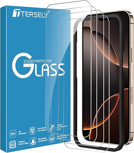 T Tersely Paquete de 4 protectores de pantalla para iPhone 16 Pro (6.3 pulgadas), vidrio templado con marco de alineación de instalación, compatible
