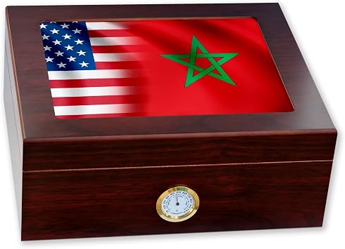 ExpressItBest Premium Desktop Humidor - Glass Top - Flag of Morocco Moroccan - Waves with USA Flag - Cedar lined with humidifier & front mounted hygrometer.