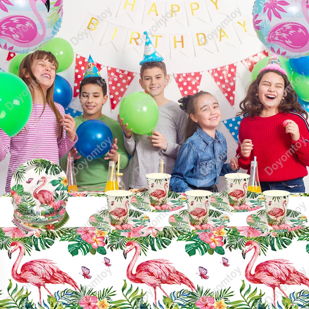 Doyomtoy 76 Pezzi Stoviglie per Feste Hawaiane - Decorazioni Fenicottero, Palloncini, Piatti, Tazze, Tovaglioli per Compleanno e Baby Shower