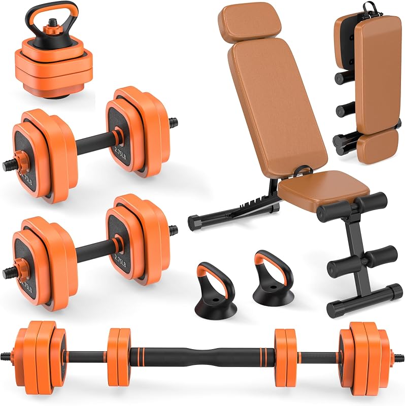 Juego de mancuernas ajustables 4 en 1 con banco plegable para gimnasio en casa | Capacidad de 800 lb, inclinación de 10 ángulos, conversión en barra, pesa rusa, soporte para flexiones