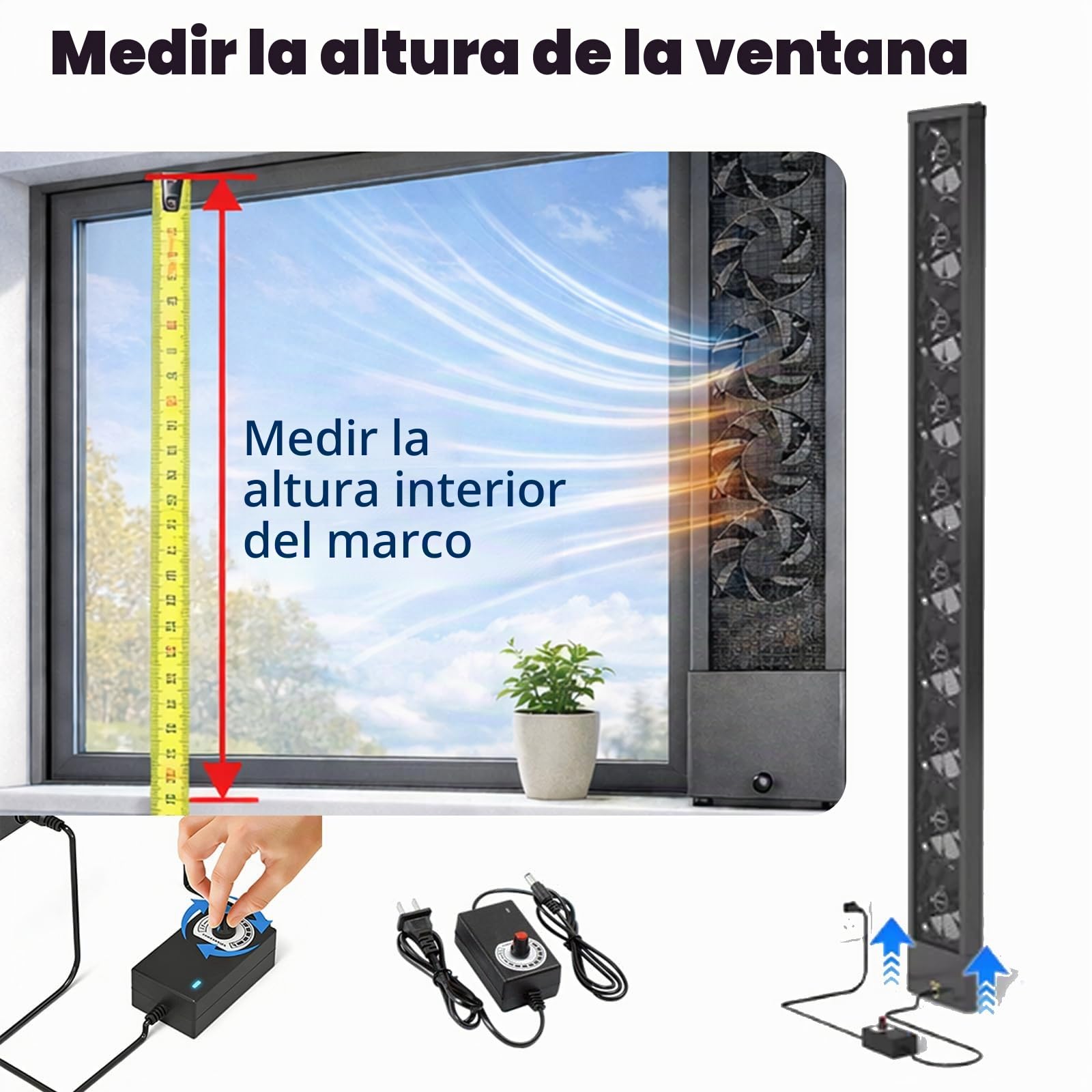 Ventilador de ventana vertical para ventanas corredizas, ventilador reversible de ventana de escape y admisión de flujo de aire, ajuste ajustable 35–150cm (13.8–59in), control de velocidad sin