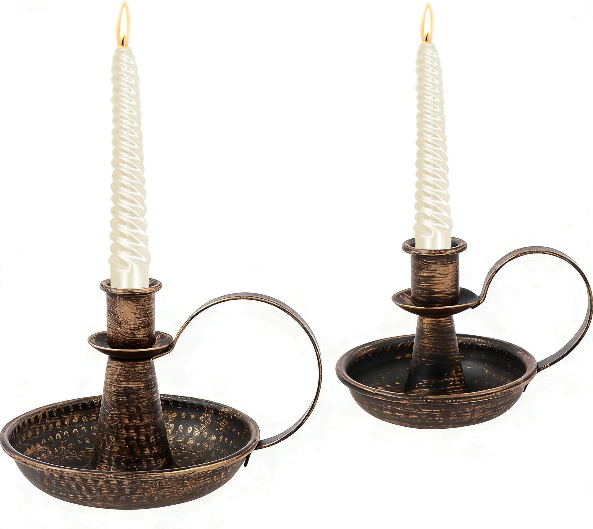 2 Pcs Vintage Candlestick Holder for Taper with Handle,Candles Sticks Holders, Candlelight Stand for Table Centerpiece Farmhouse Fireplace Home Wedding Decor(Bronze)