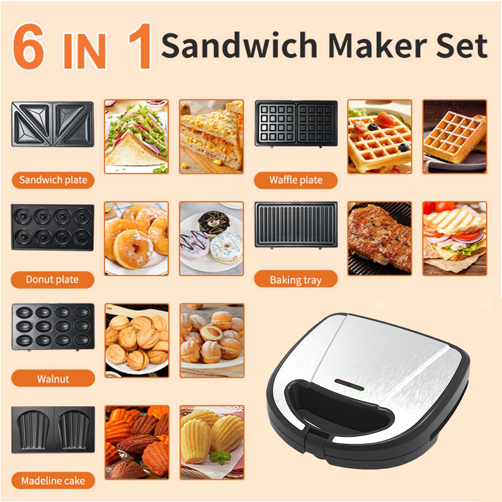 6 in 1 Mini Waffle Maker with Removable Non-Stick Plates, Donut Sandwich Cookie Breakfast Maker, Dual-Sided Heating Electric Panini Press for Toast & Grilled Cheese