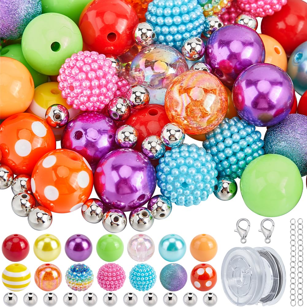 SUNNYCLUE 106Pcs Bubblegum Beads Bubble Gum Beads Bulk 20mm Acrylic Rainbow Color Large Chunky Acrylic Rhinestone Spacers for Jewelry Making Bracelet