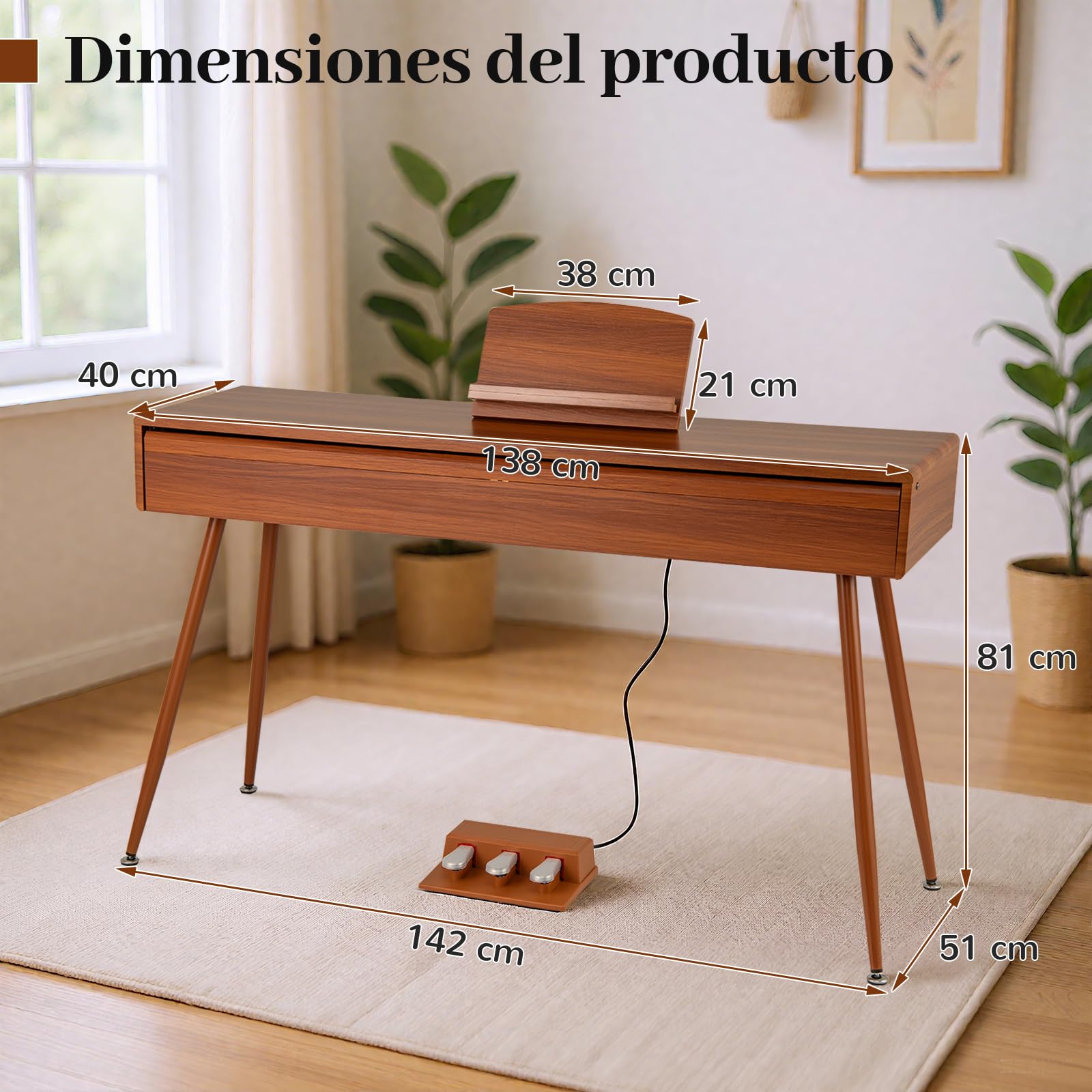 COSTWAY Piano Digital de 88 Teclas Contrapesadas con Acción de Martillo, Piano Eléctrico de Tamaño Completo con Cajón Extraíble, Función de Grabar y Reproducir, Triple Pedal y Doble Altavoces