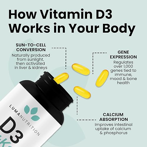 Miniatura 5 de Luma Nutrition Vitamina D3 + K2 10000 UI - Suplemento para la salud ósea y cardíaca - Apoyo inmunológico de máxima fuerza y absorción de calcio - 60