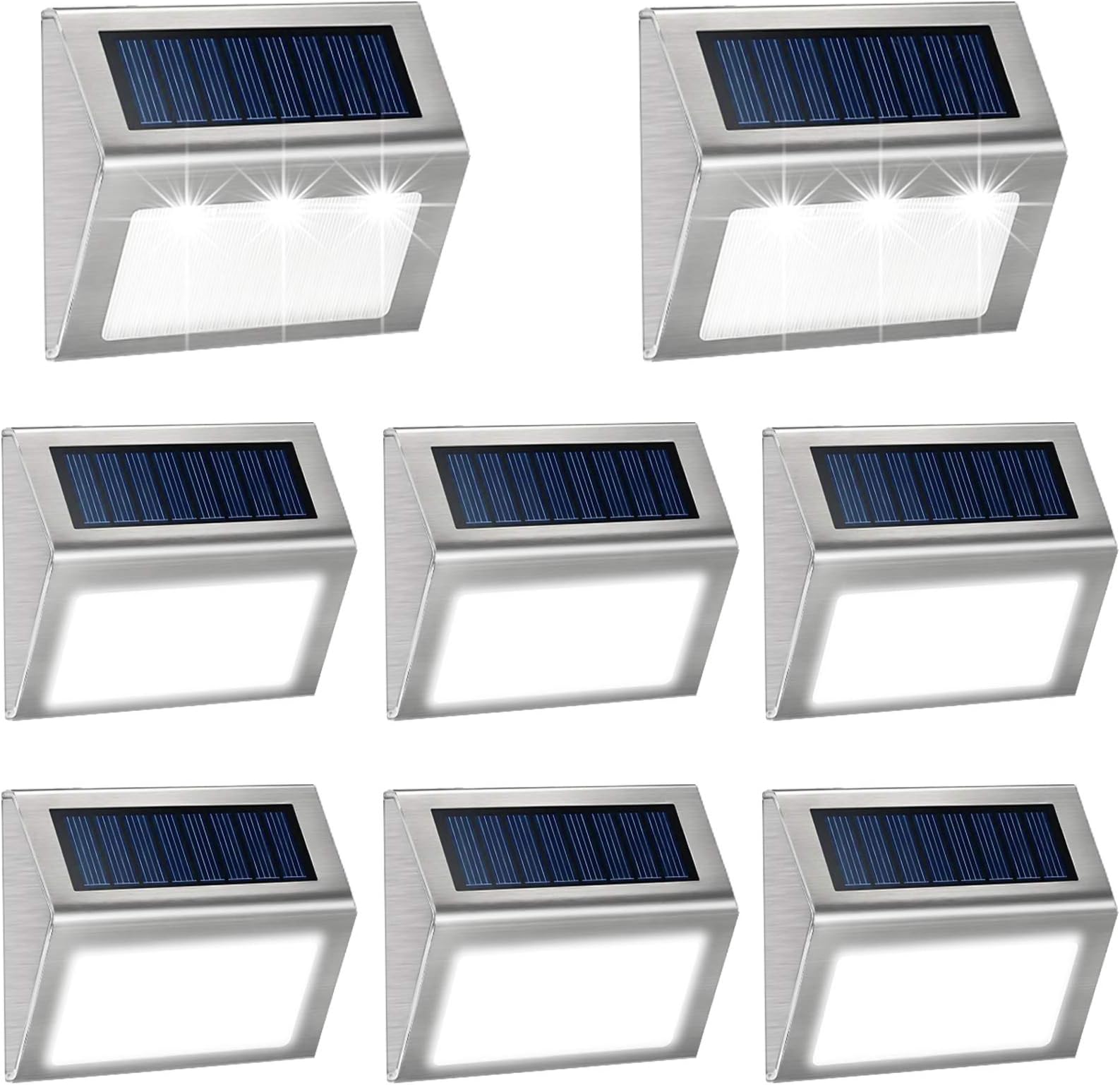 KASUN Solar Deck Lights, Super Bright LED Walkway Light Stainless Steel Waterproof Outdoor Security Lamps for Patio Stairs Garden Pathway - White Light, Pack of 8