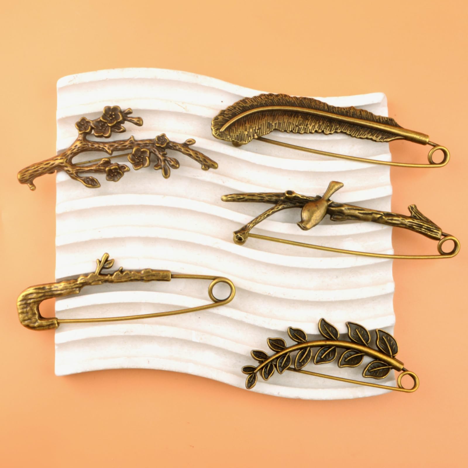 5 broches de seguridad vintage extragrandes, aleación de bronce antiguo, rama de árbol, plumas, broches grandes para ropa, sombrero, bufanda, cuello, suéter, chal, manualidades, 5 estilos