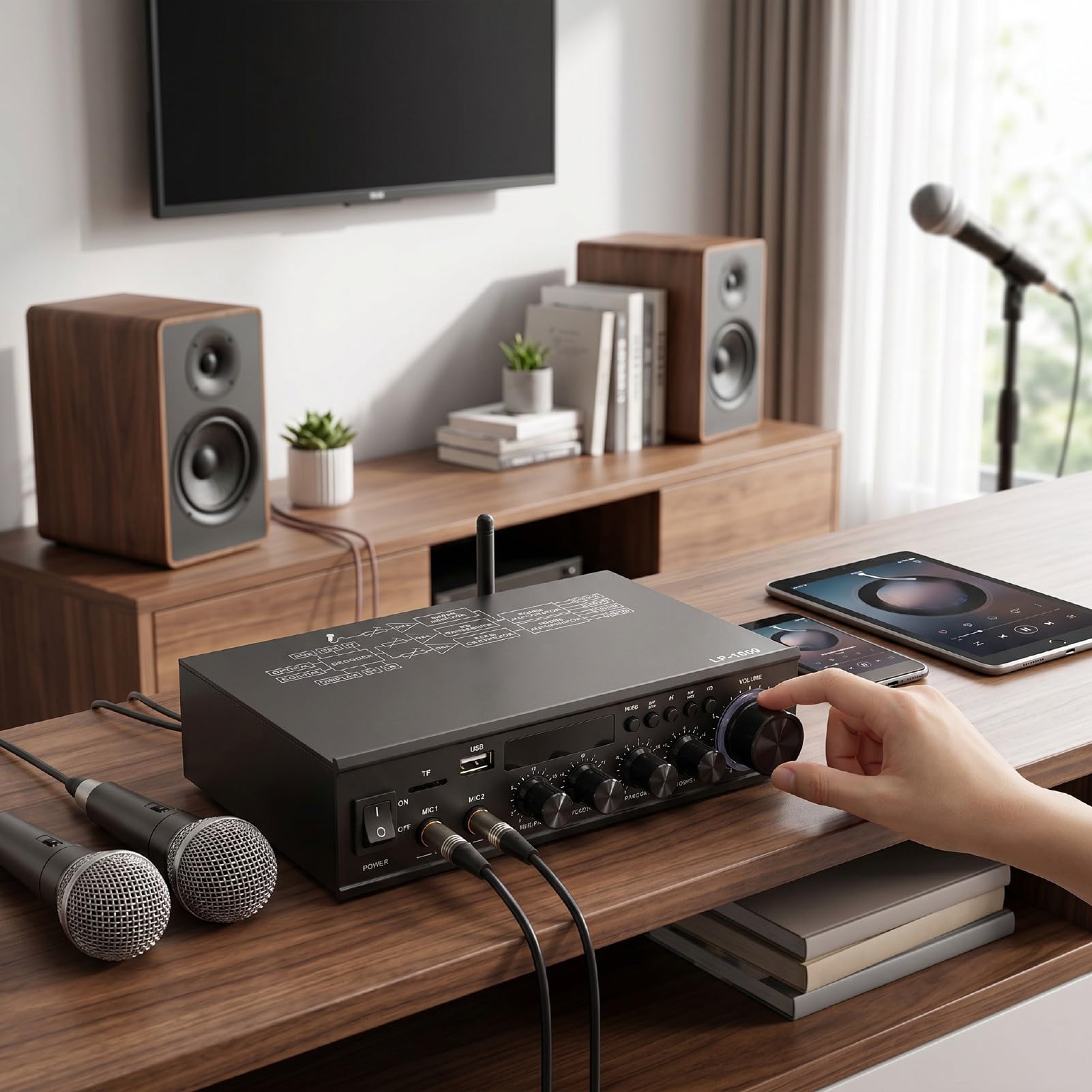 Luocute 2,1 Kanal Bluetooth Verstärker, Receiver mit Optischem und Koaxialem Eingang for Heimkino und HiFi (EU-Stecker) | Unterstützt TV, PC und DVD, 50W+50W+100W, Alu, USB/SD, 2 Mikrofonanschlüsse