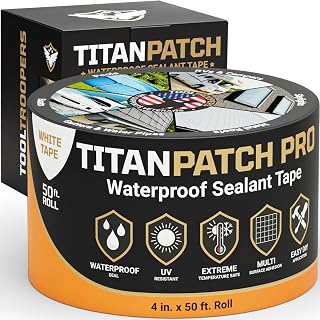Titan Patch PRO Waterproof Sealant Tape – White 4" x50' – Stops Leaks Fast & Stays Sealed for 15+ Years – Sticks to RVs, Roofs, Pools, Boats, Gutters – Built for Harsh Weather (-40°F to 190°F)