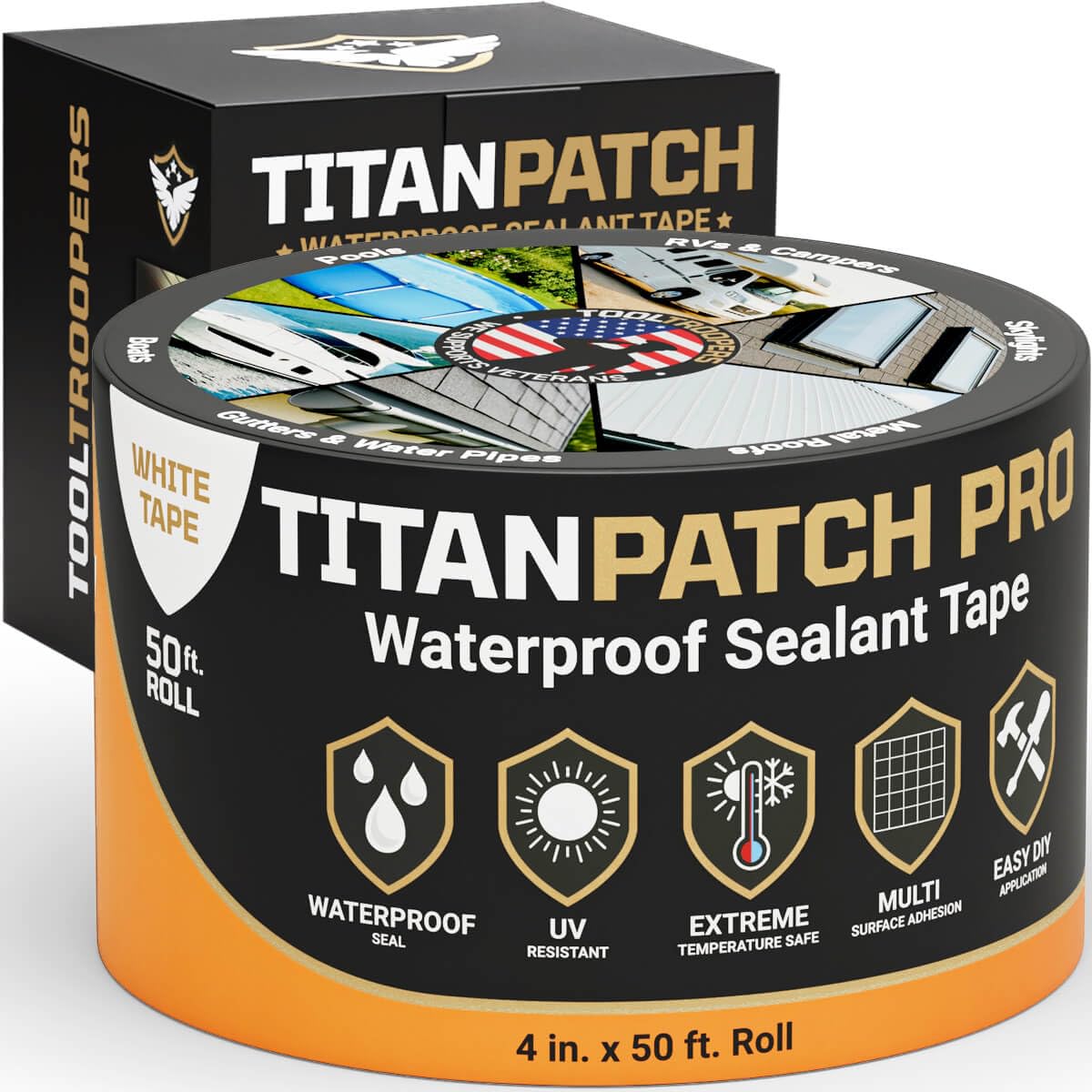 Titan Patch PRO Waterproof Sealant Tape  White 4" x50'  Stops Leaks Fast & Stays Sealed for 15+ Years  Sticks to RVs, Roofs, Pools, Boats, Gutters  Built for Harsh Weather (-40F to 190F)