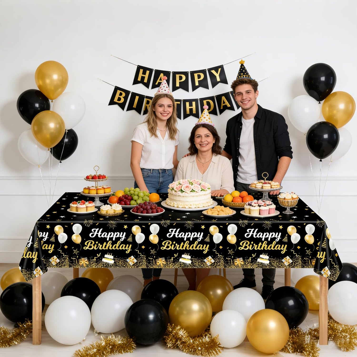 3Pack 54 x 108 Inches Black and Gold Plastic Birthday Tablecloths