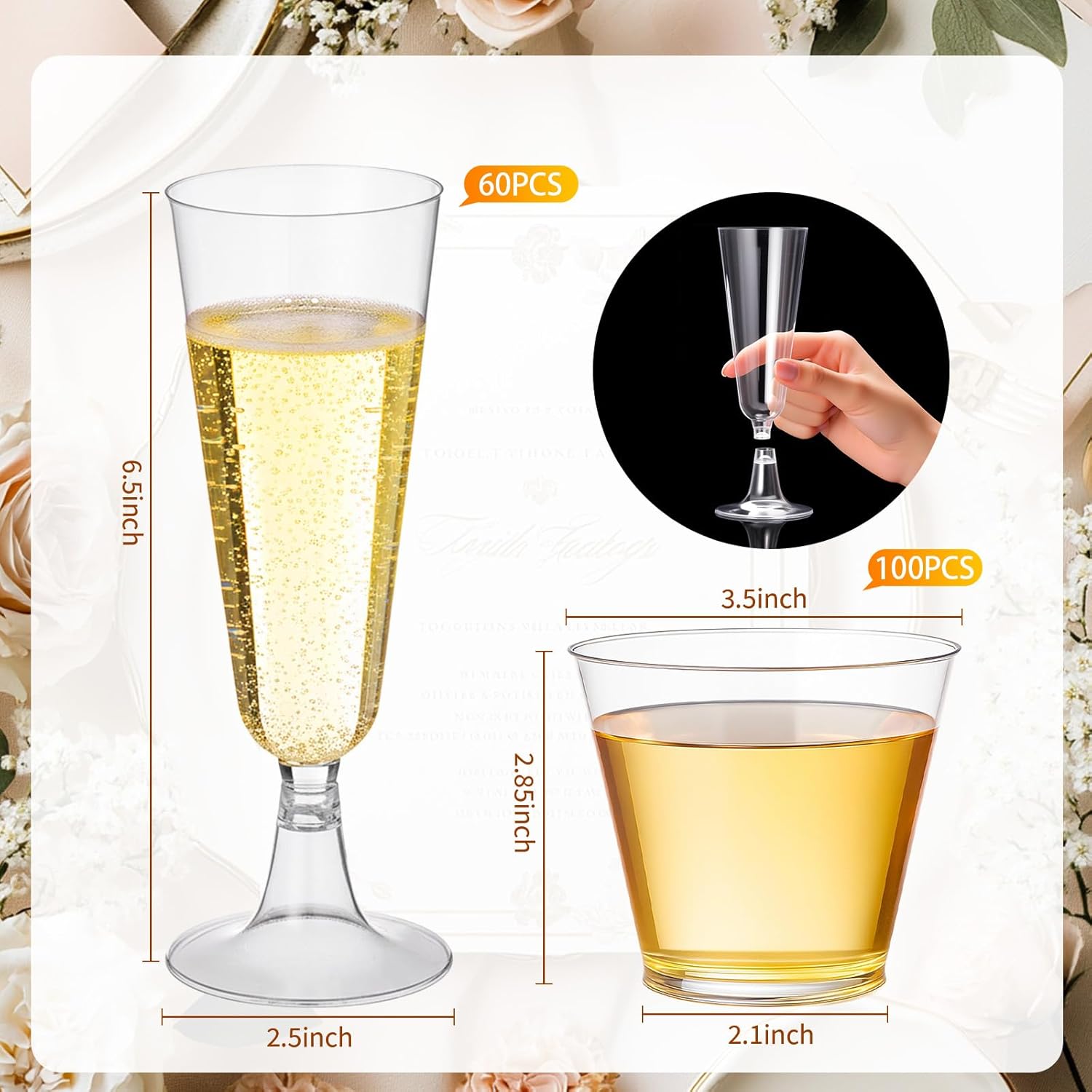 160 Pack Champagne Flute and Clear Plastic Cup, 60 Pcs 5 oz Champagne Wine Glasses Disposable 100 Pcs 9 oz Hard Drinking Cups Bulk for Engagement Birthday New Years Eve Party - Image 2