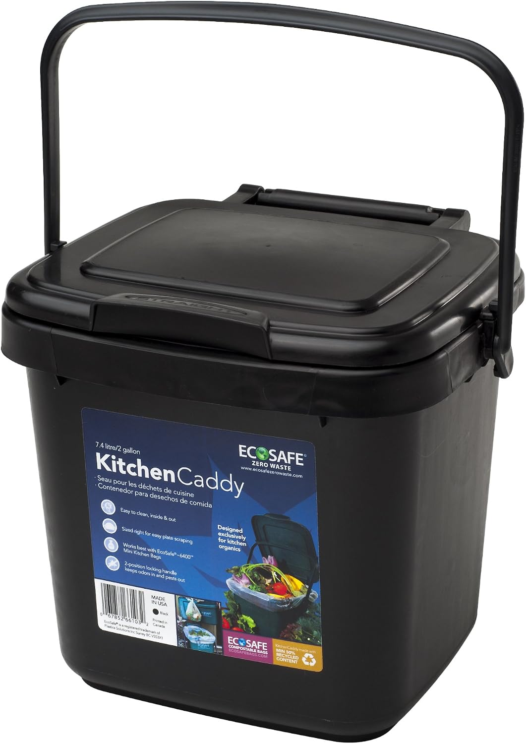 EcoSafe Kitchen Caddy KCBLK Food Waste Bin, Plastic, 2-Gallon, Black