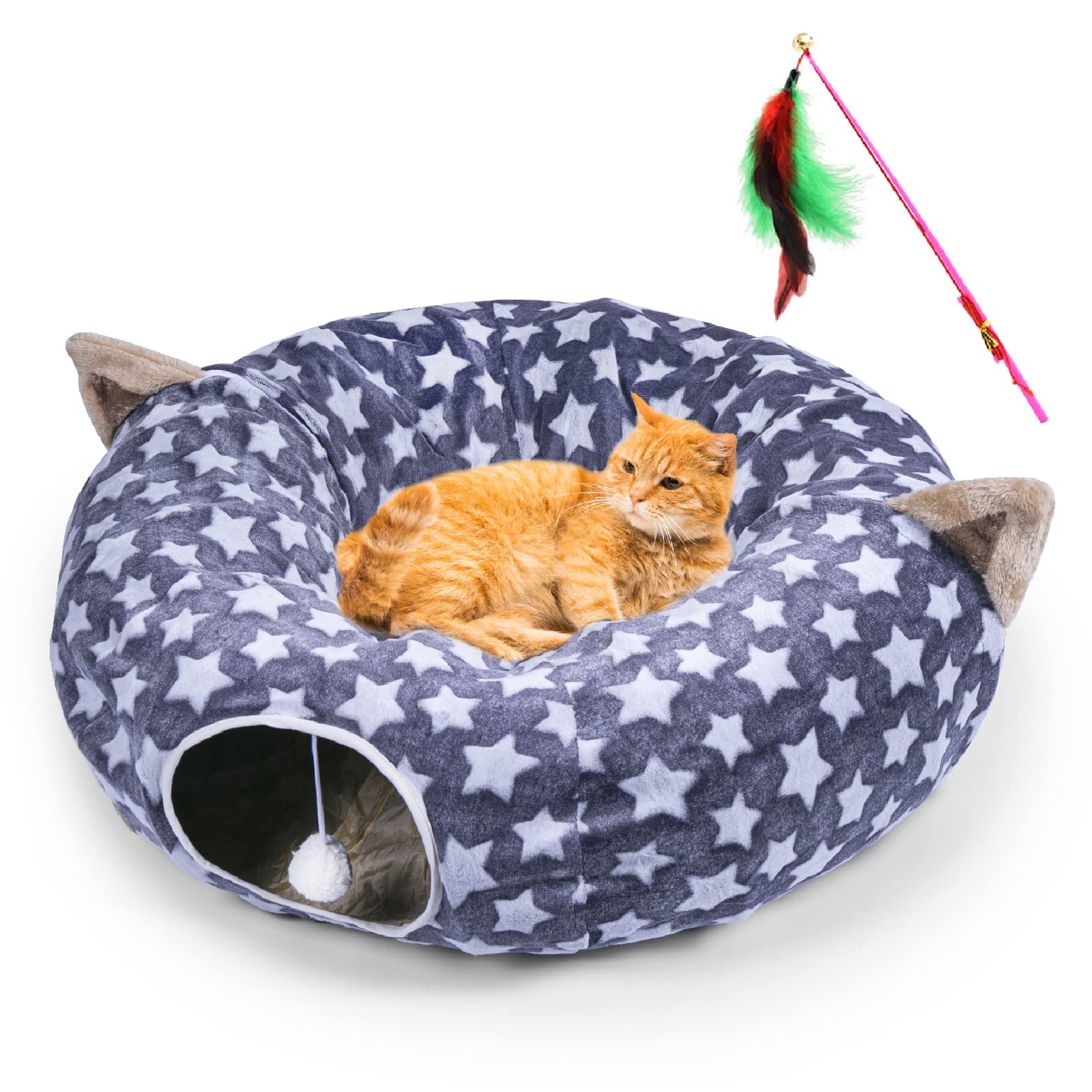 gogomgCat Tunnel Tube Bed with Central Mat Cushion Round Pad Plush Ball Toys Large, Collapsible 3 Way Toys for Cats Kittens Kitty Ferret Small Medium Dog Puppy Pet Outdoor Indoor Interactive