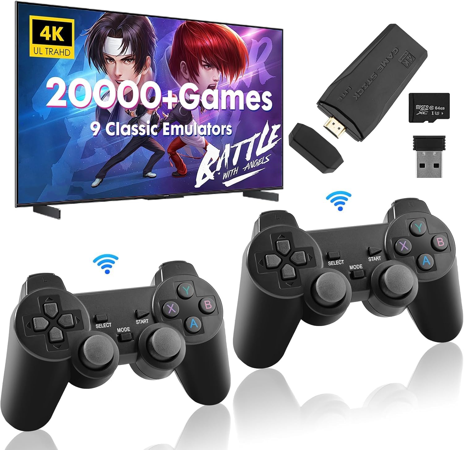 OSEN Wireless Retro Game Console, Plug & Play Video TV Game 4K Ultra HD Game Stick with Games Built-in, 64Gb Card, 9 Emulators