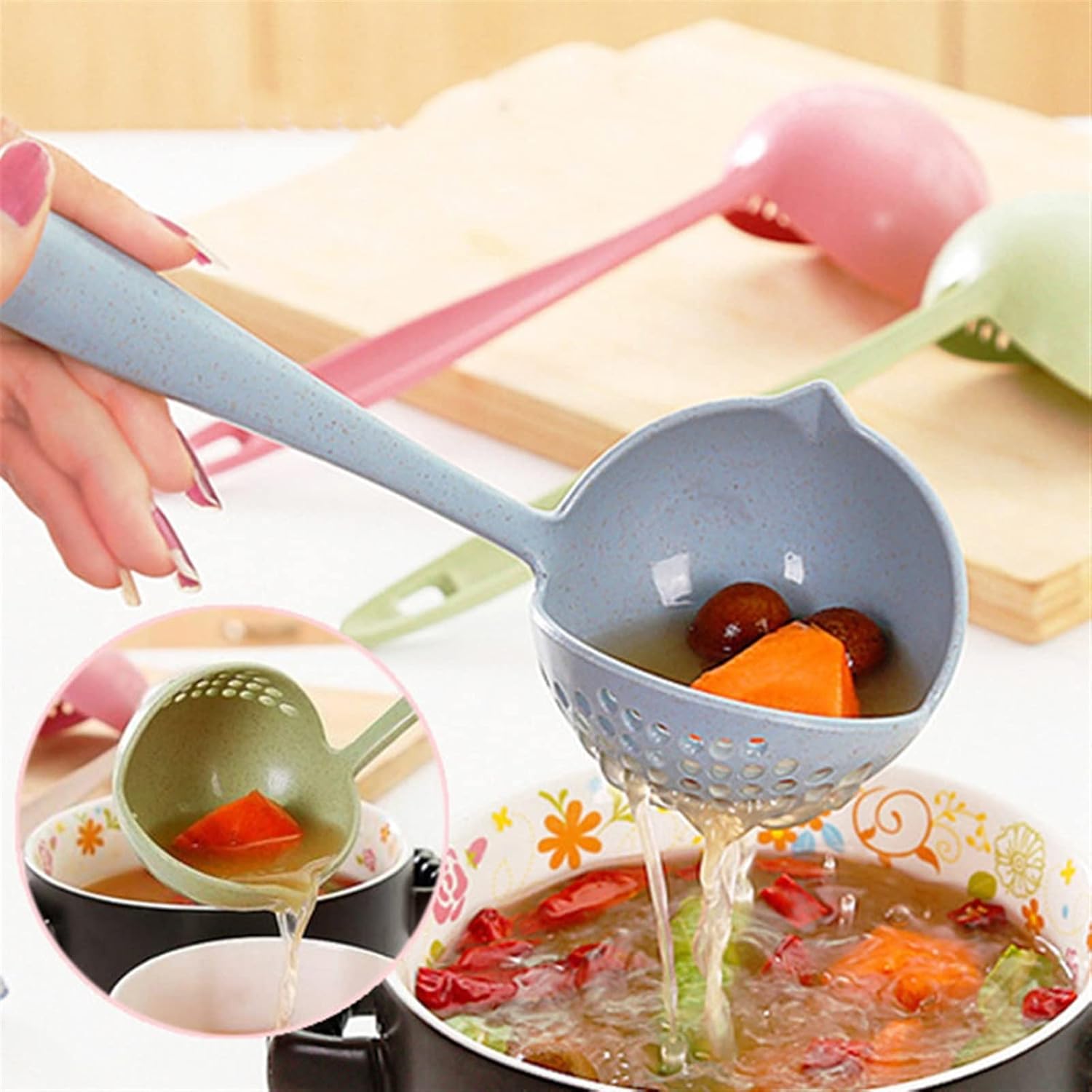Soup Ladle Soup Spoon Long Handle Kitchen Strainer Cooking Colander Kitchen Spoon Plastic Cutlery (Color : Pink)