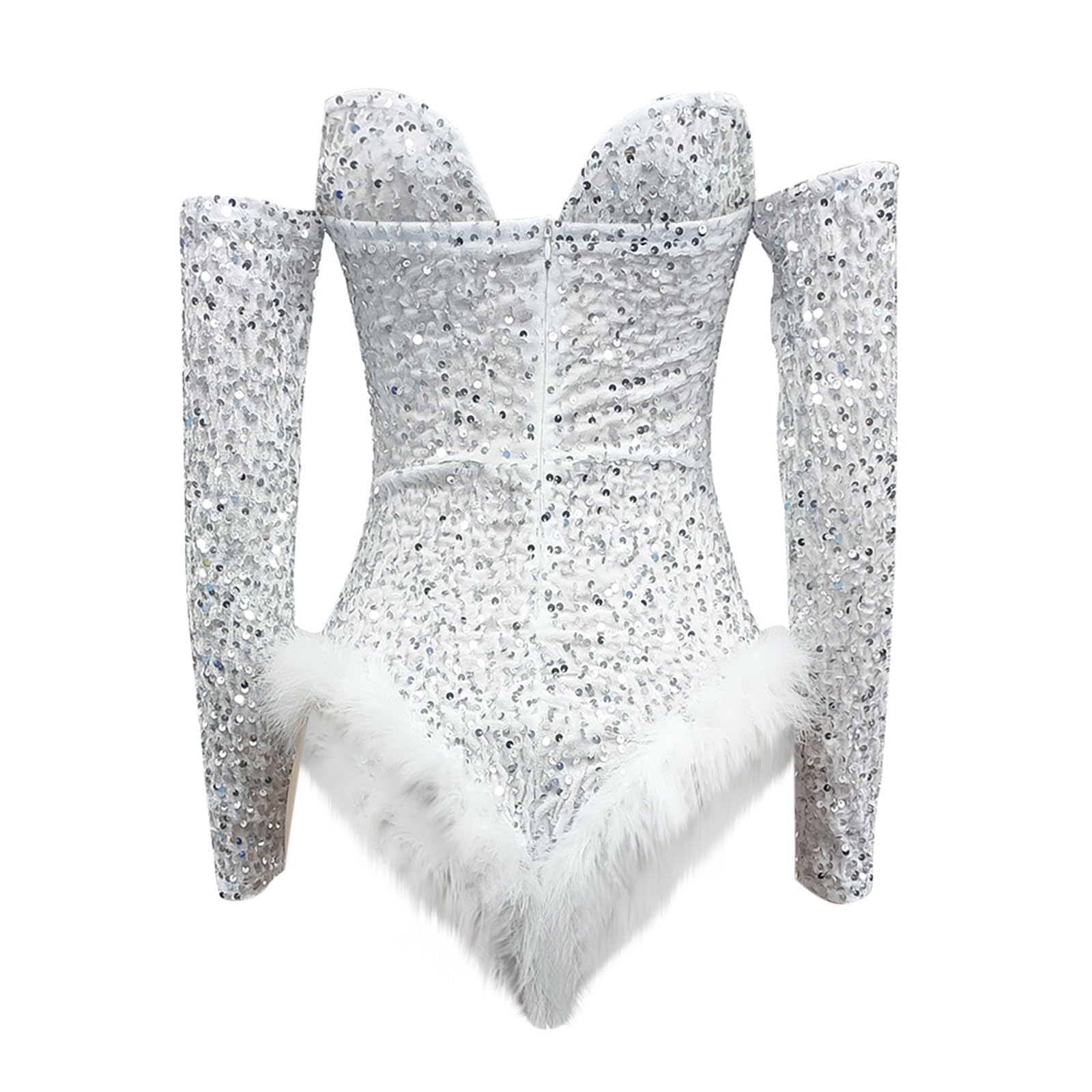 Body da donna con chiusura lampo, senza spalline, paillettes, velluto, a maniche lunghe, sexy, body da donna, nero