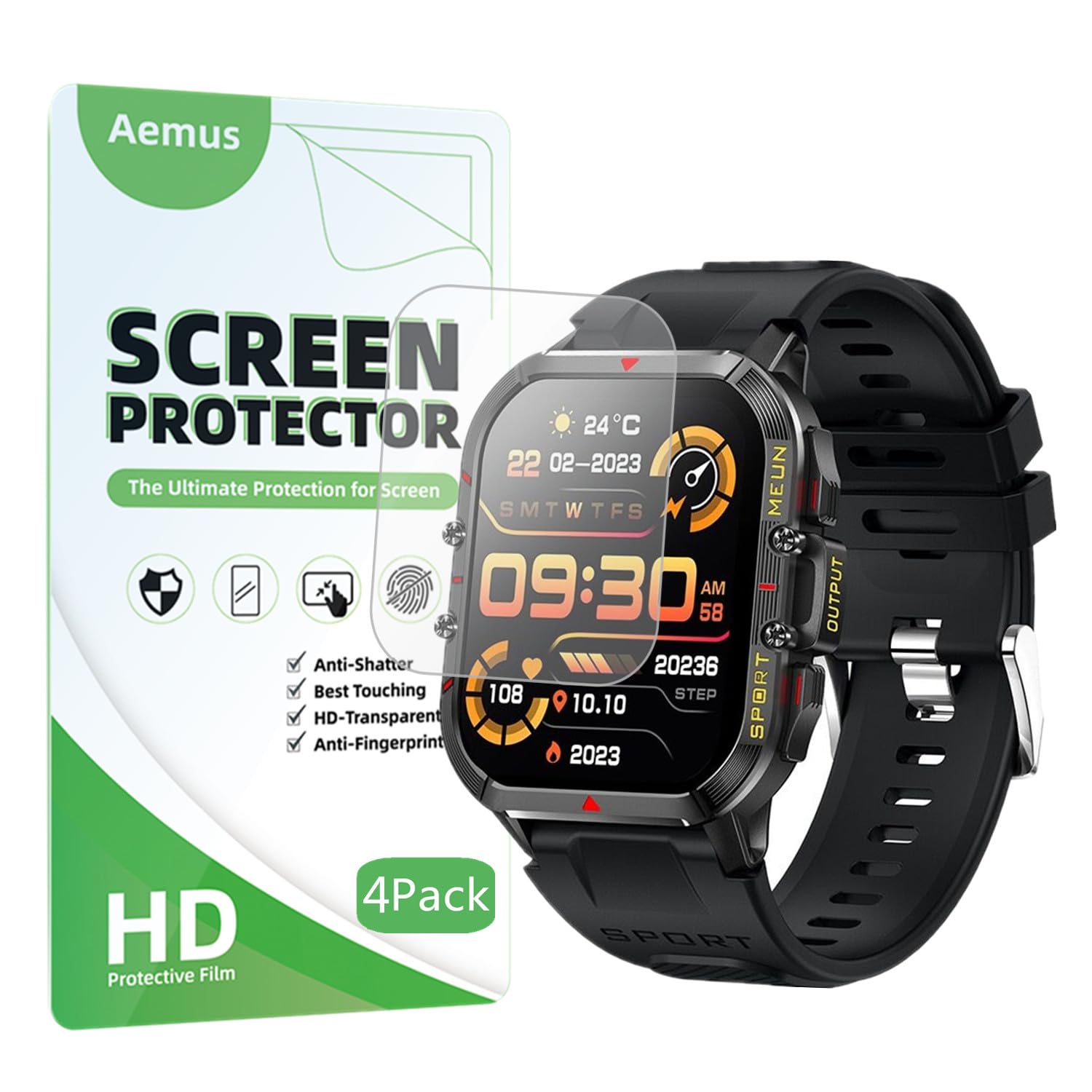 Aemus4 Pack Compatible for Tinwoo 1.96" Smart Watch Screen Protector, Full Coverage HD PET Film