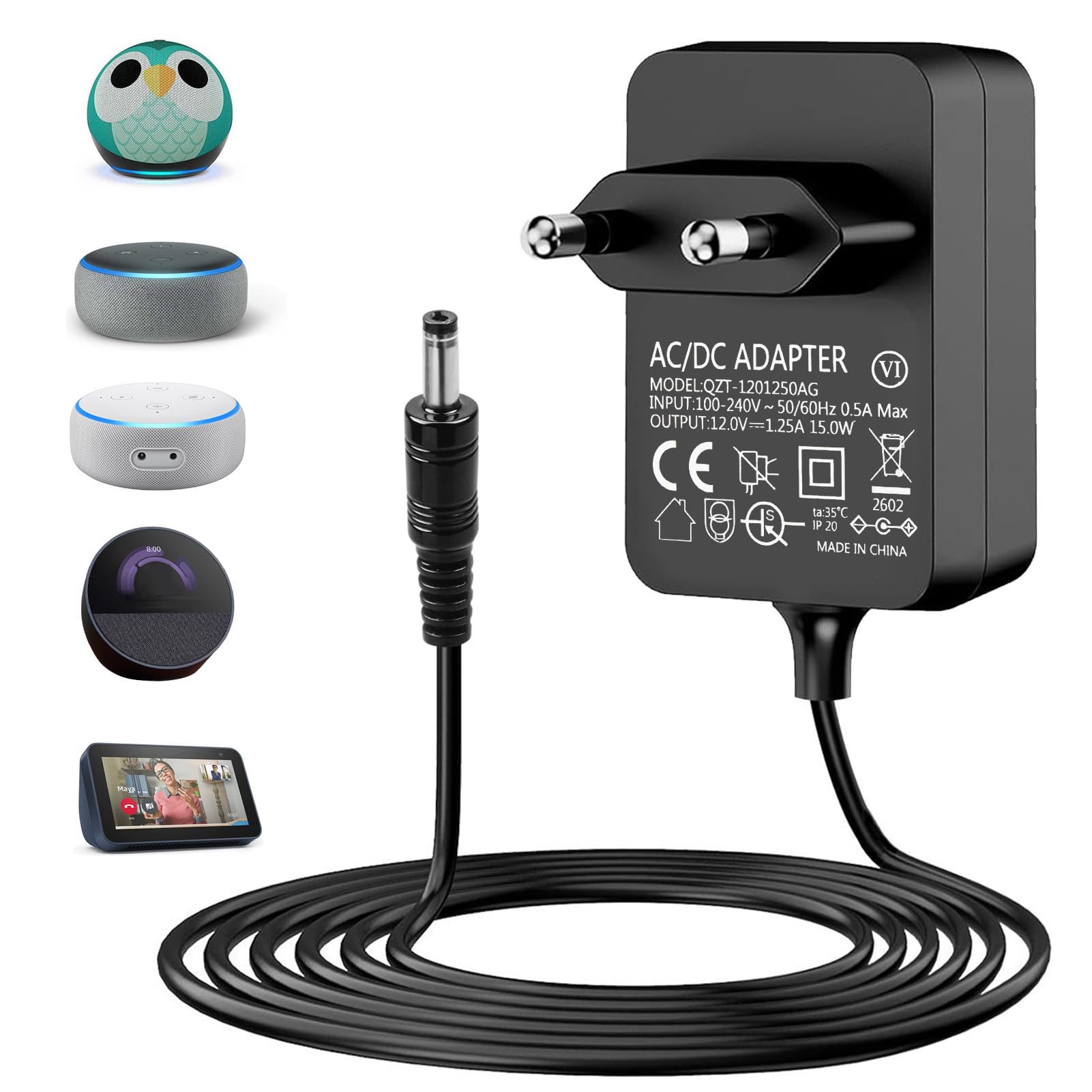 15W Charger Adapter for Echo Dot (3rd/4th/5th Gen), Echo Show(1st/2nd Gen), Echo Pop/Echo Spot/Dot Kids Edition/Fire TV Cube, Power Supply Adapter, 1.5M 12V/1.25A Power Supply