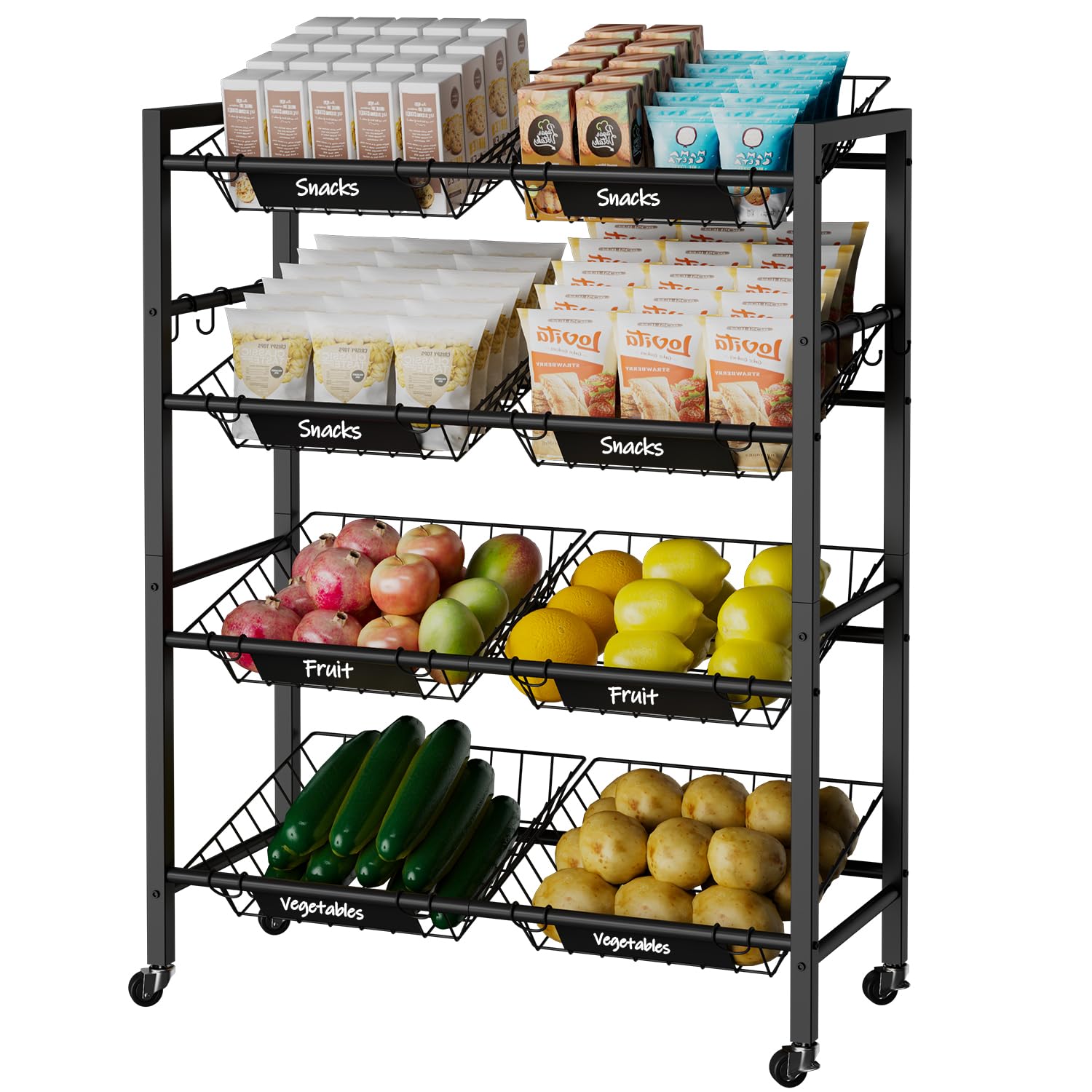 IBUYKE Large Kitchen Fruit Vegetable Storage Cart,Metal Rolling Snack Cart with 8 Removable Basket,Utility Pantry Cart with Wheels for Veggie Onion Potato Bin, Black TLJ025B