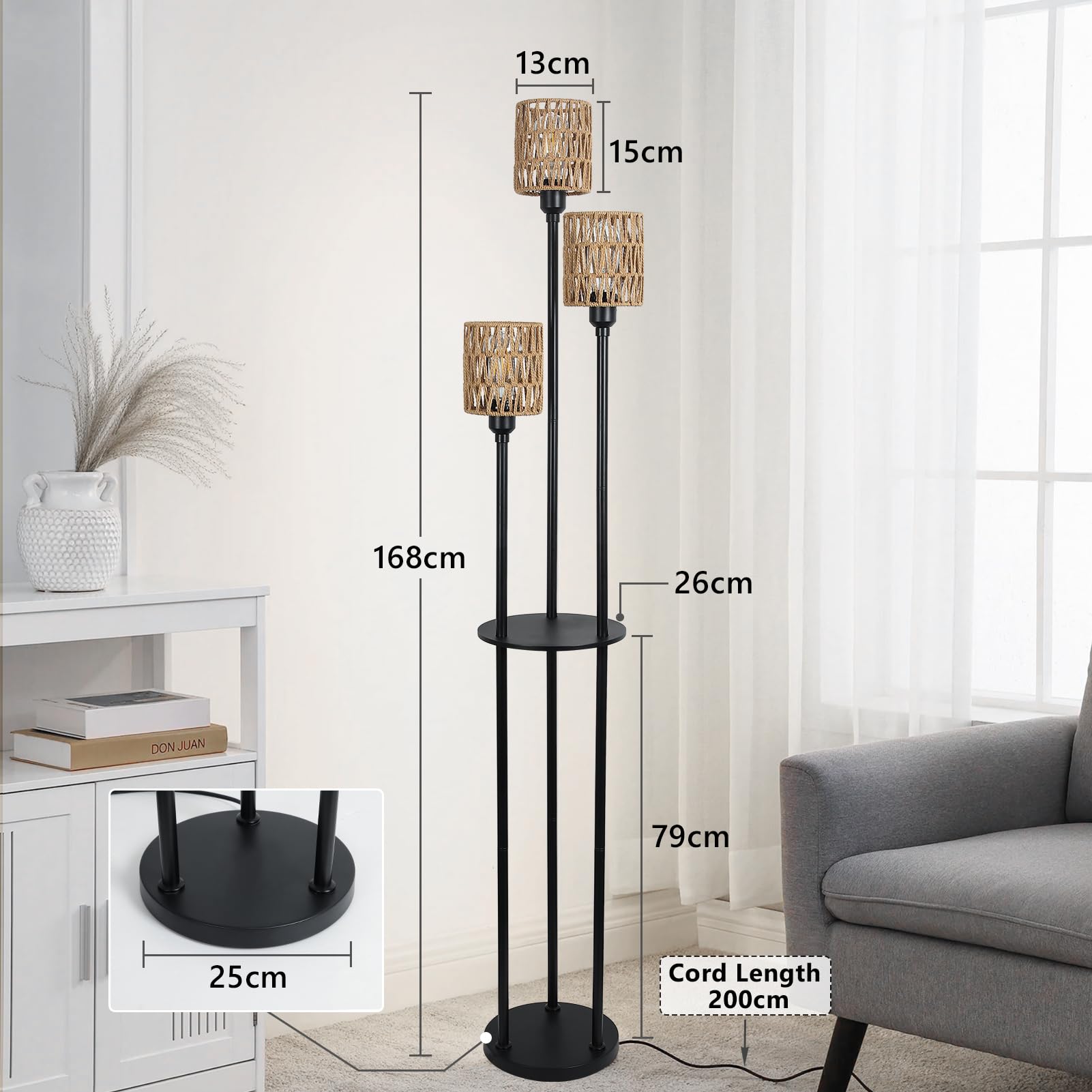 Rayofly Lámpara de Pie Boho de Ratán Con 3 Luces y Estante, Industrial Con Interruptor y Pantalla, Alta Para Salón Dormitorio Oficina