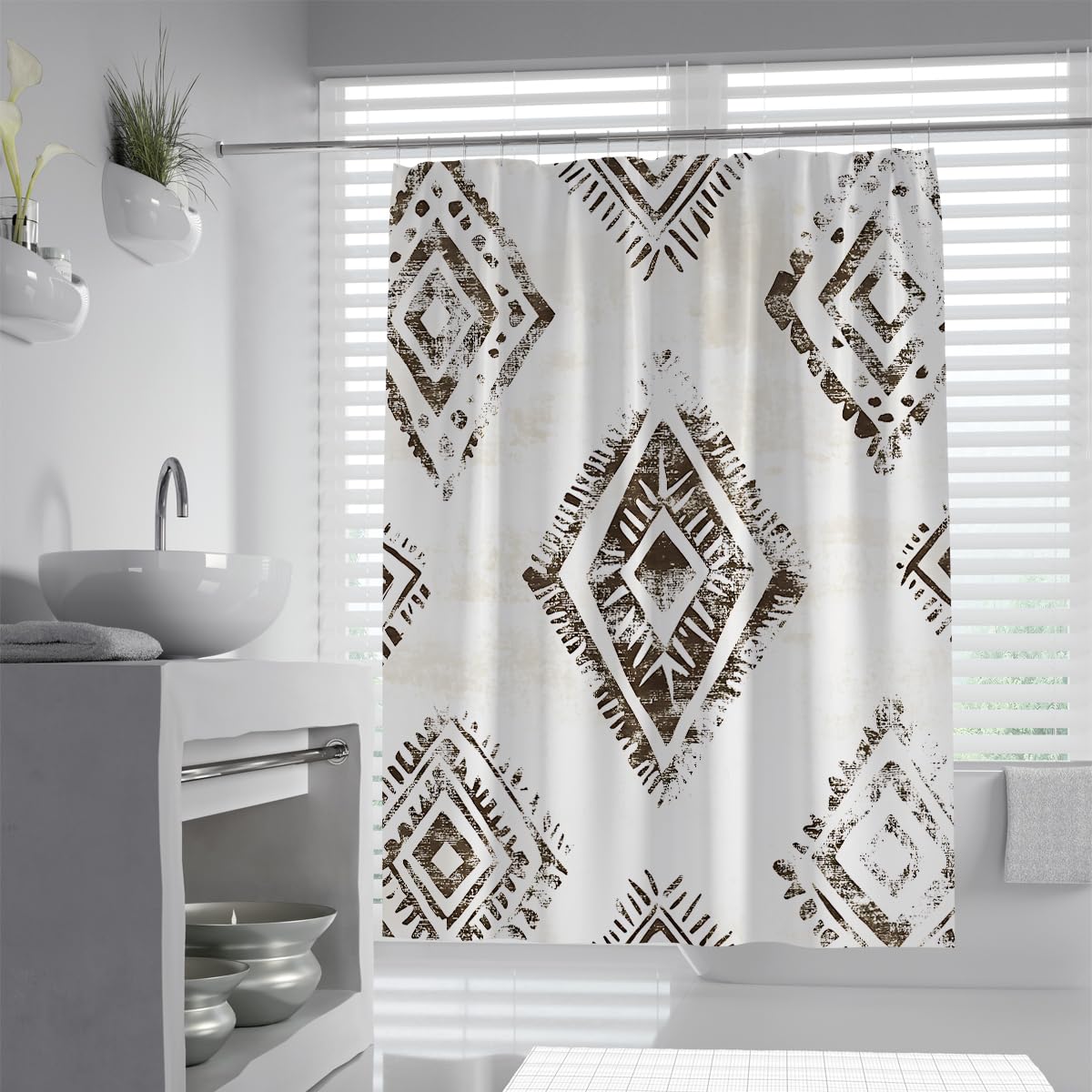 UERWOWELL Aztec Tribal Shower Curtain Stacked Lozenge Shapes Waterproof Fabric Bath Curtains Dry and Wet Separation Machine Washable with Hooks W90xL180 cm