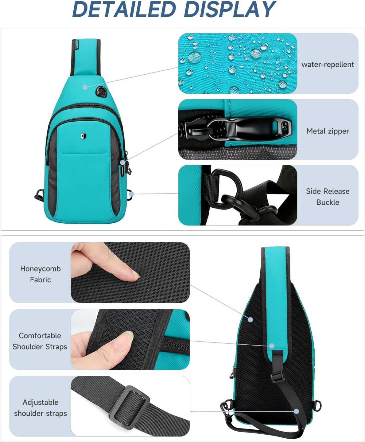 Anti-Theft Sling Bag for Women, Water Resistant Crossbody Backpack, Travel Hiking Chest Pack, Summer Travel Essentials for Beach, Theme Park & College, Fits 11 inch iPad & Switch 2, Turquoise