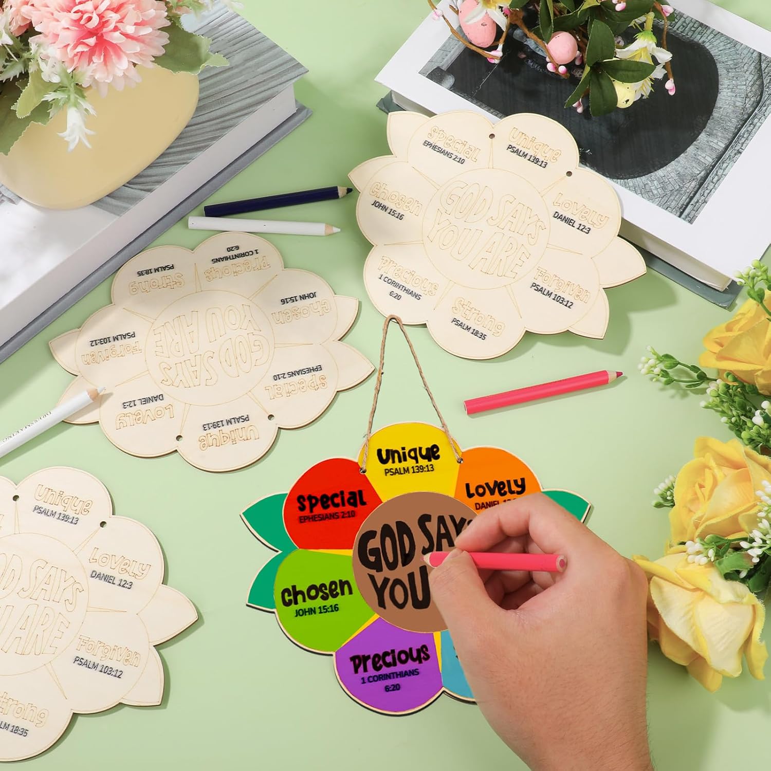 Goktvai 12pcs Sunday School Crafts for Kids, God Says You are Sunflower Craft Kit Wooden Painting DIY Activities Christian Bible Handmade Sunflowers Cardboard for Religious Sunday School Church Home