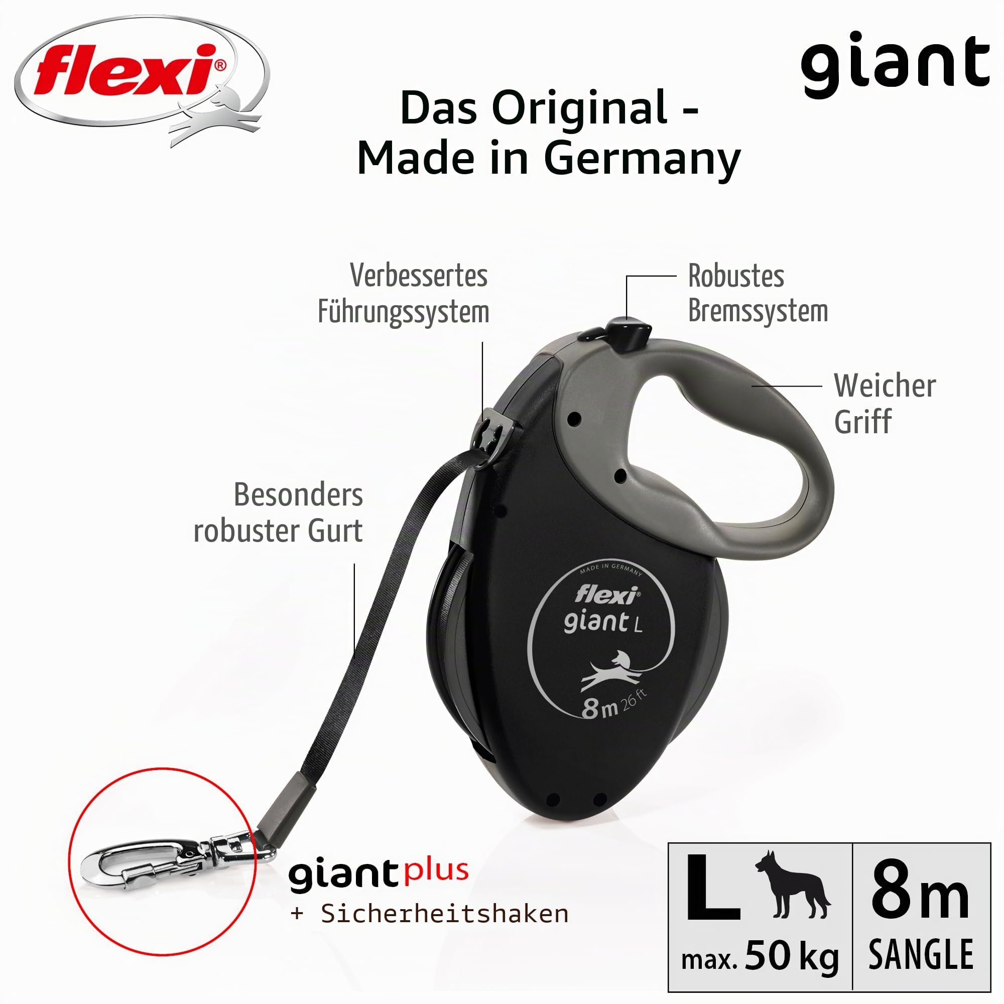 Flexi, Giant Plus 8 m ausziehbare Hundeleine, Starke und robuste Hunde bis zu 50 kg, neonfarbenes Band mit erhöhter Sichtbarkeit, Robustes und ergonomisches Bremssystem –L – 8 m – 50 kg