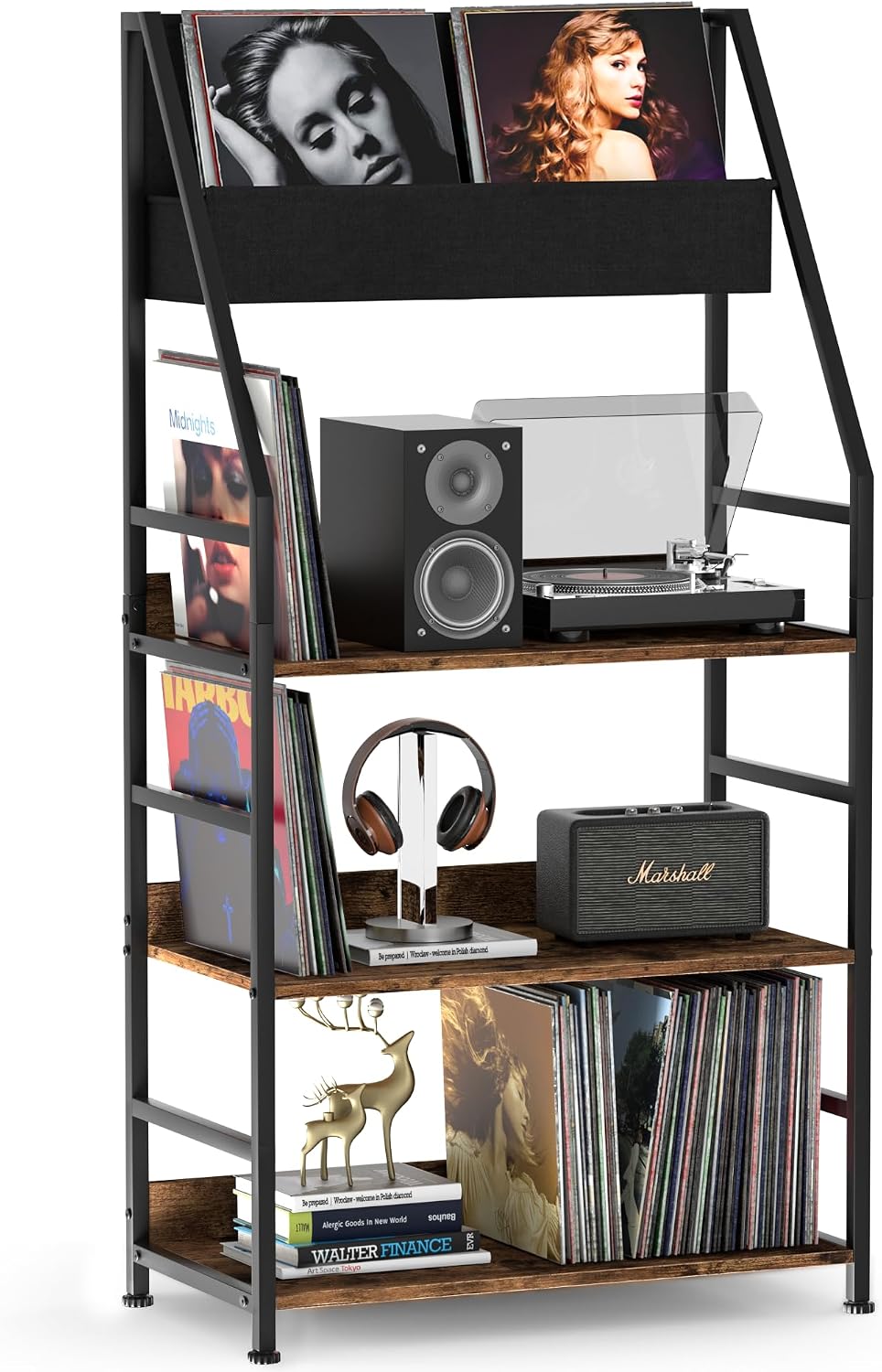 Record Player Stand Shelf for Vinyls Storage, 3 Tier Display Shelf Holds up to 400 Albums, Large Record Holder Console Table Cabinet for Living Room, Brown