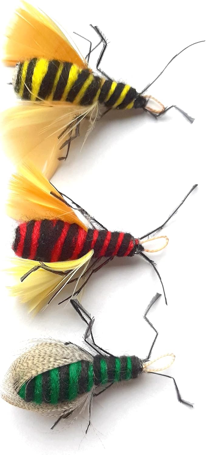 2 Inch Handmade Cat Toy Teaser Bees and 21 Inch Pink Wand - 3 Pk Green, Red, Yellow, Natural Material Toys, Durable Fiberglass Wand & Line, Hunting Instinct Play Attachment Set for Cats