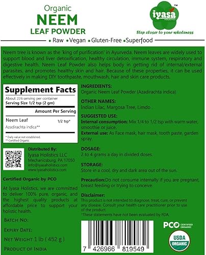 Miniatura 2 de Iyasa Holistics Hierba ayurveda orgánica en polvo de neem y superalimento, apoya la purificación de sangre y hígado, promueve un cabello saludable y