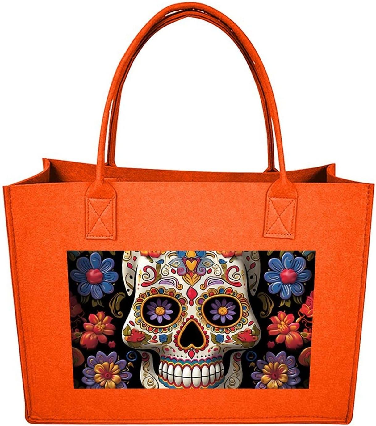 Sugar Skulls Tote Bag for Unisex, Large Felt Shopping Bag with Handles, Handbag, Reusable Gift Bag