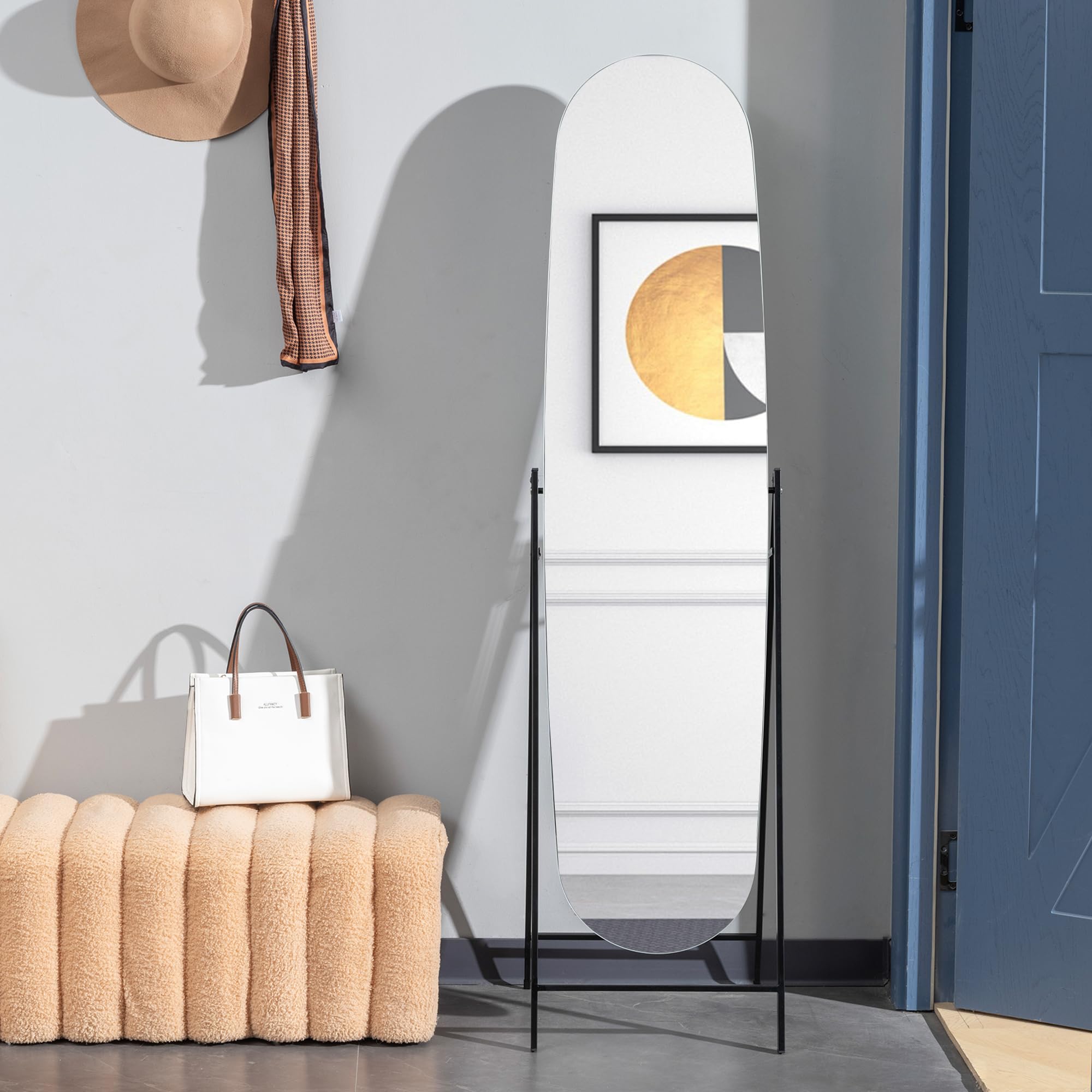HOMCOM Espejo de Cuerpo Entero Arqueado 160x40 cm Espejo de Pie Negro | Apoyado en la Pared, sin Marco, Soporte de Metal, para Salón, Dormitorio, Vestidor y Entrada