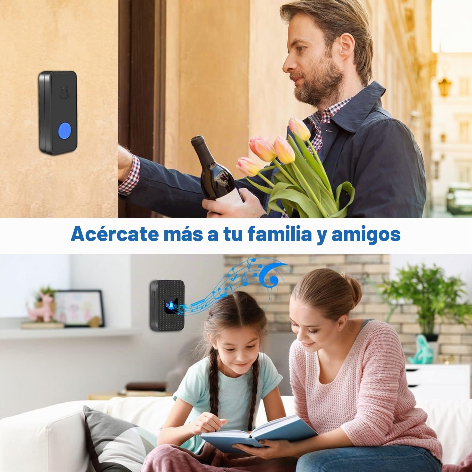 Nestling Timbre Inalámbrico, Kit Timbre Inalámbrico Exterior Impermeable IP55, Alcance 300m, 55 melodías, 5 Niveles de Volumen, LED Azul para Emergencias en el Hogar Oficina, Negro