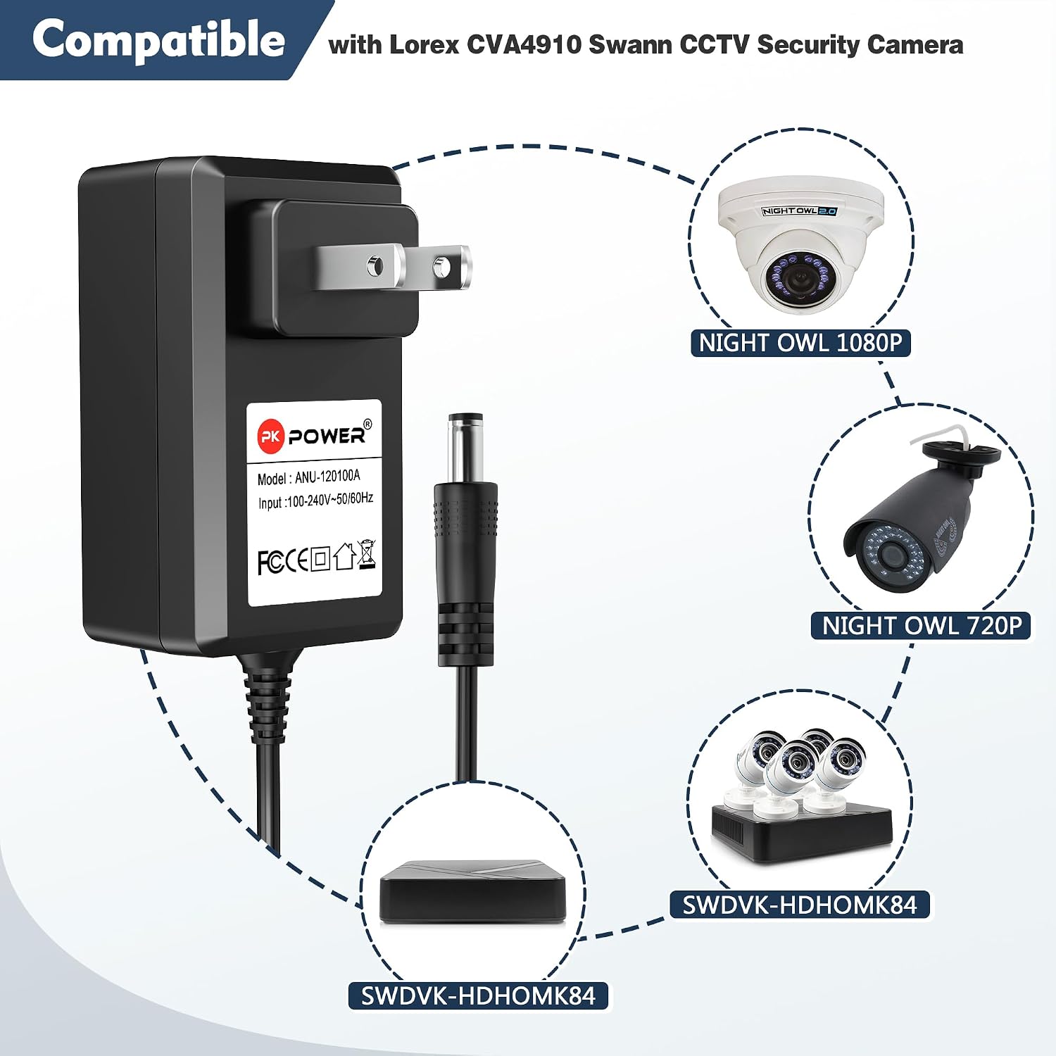 12V AC DC Adapter Replacement Power Adapter Charger and 1 to 4 Splitter Cable for Lorex Fusion 4K/2K Camera C842 C844 C832AWB C836AWB C842AFL C848AFL, Power Supply for Q-See QSDS4122 QS-POWER4