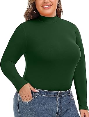 FOREYOND Green Plus Size Warm Base Layer Plus Size Slim Fit Tops Plus Size Turtleneck Shirt Plus Size Mock Neck Pullover for Women XXXX