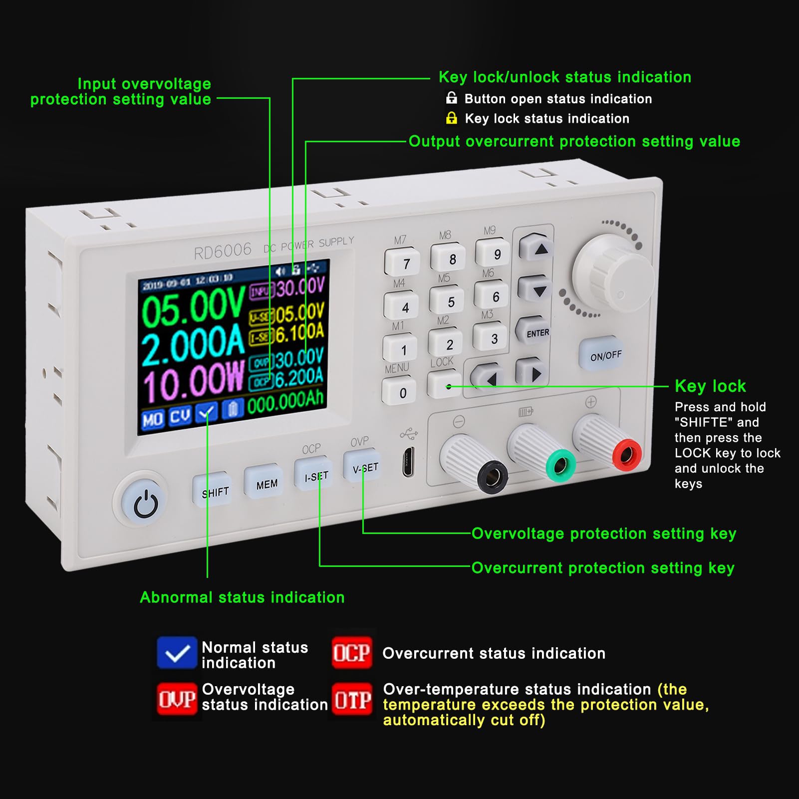 Alimentatore CC regolabile Adattatore regolatore di tensione display LCD da 2,4 pollici con funzione di archiviazione dati per laboratori e manutenzione elettronica Materiale ABS (RD6006)