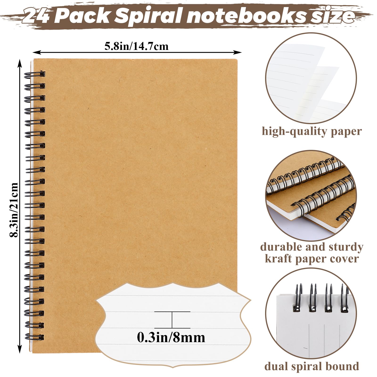MIVIDE Confezione da 48 quaderni a spirale A5 con copertina in carta kraft, 20 x 14 cm, 120 pagine, copertina rigida, a righe, per scuola, lavoro, ufficio