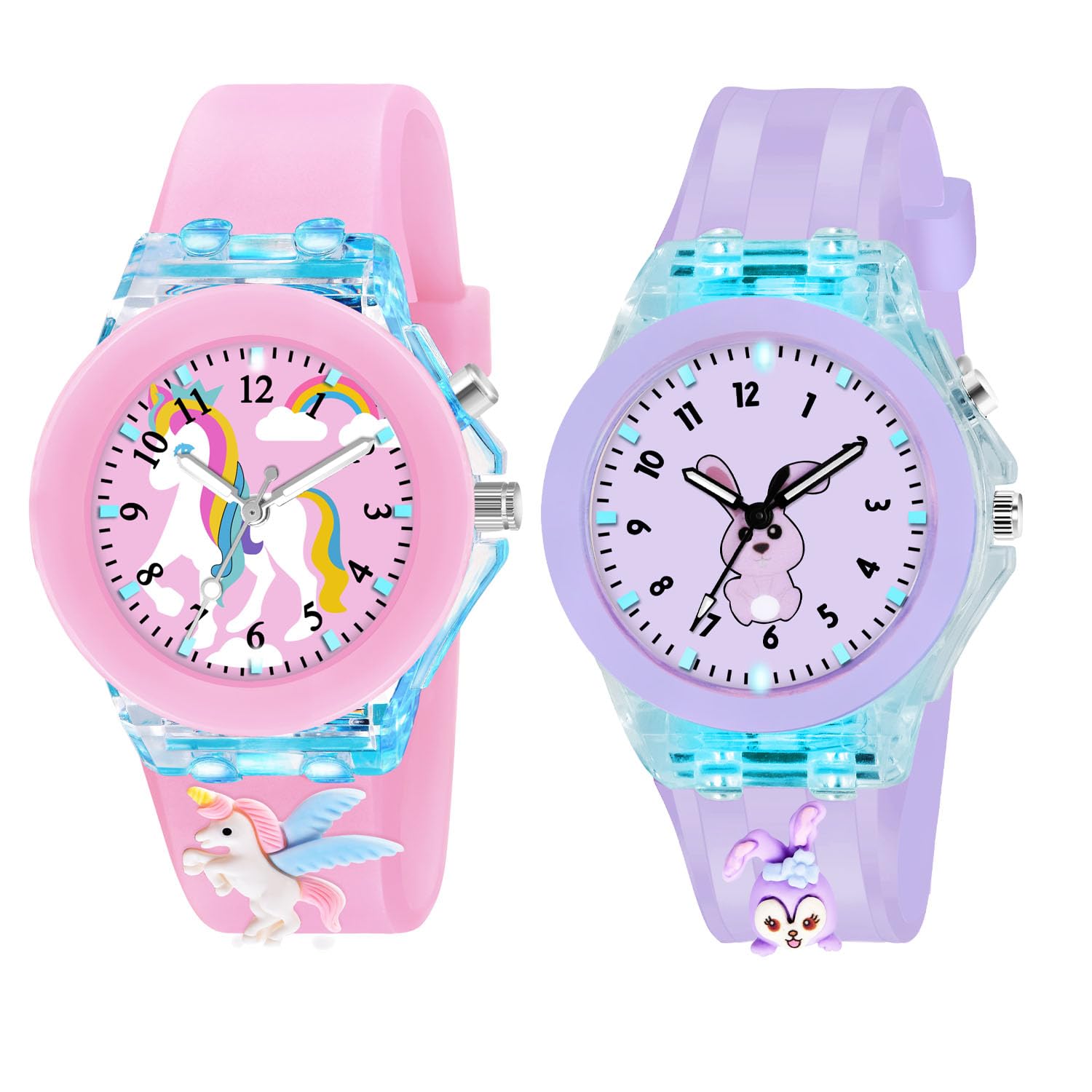 Shocknshop Analog Watch For Kids Combo | 3D Cartoon | 7 Multicolor LED Luminous Lights with Silicone Strap | Unisex Best Birthday Gift | Analogue Wrist Watches For Girls | Age 3-10 Yrs (Fly Unicorn Pink & Rabbit Purple)