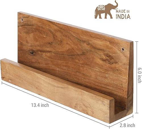 Miniatura 3 de MyGift Estantes de almacenamiento de discos de vinilo de madera de acacia natural de alta calidad montados en la pared, soporte para discos LP,