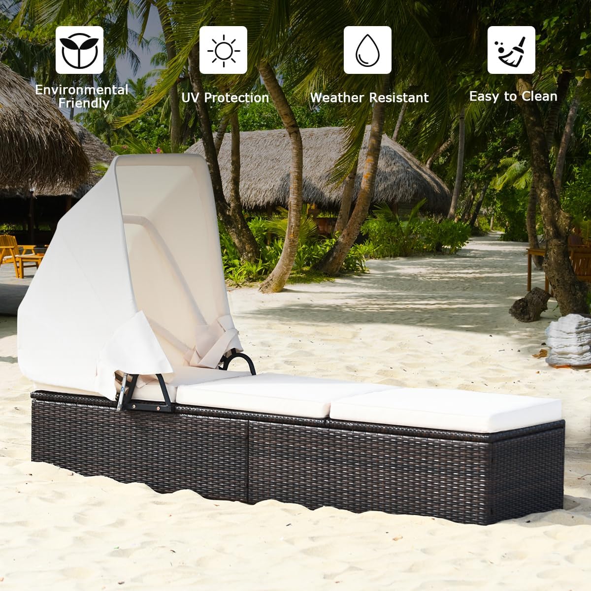 COSTWAY Patio Rattan Lounge Chair Chaise Cushioned Top Canopy Adjustable W/Tea Table