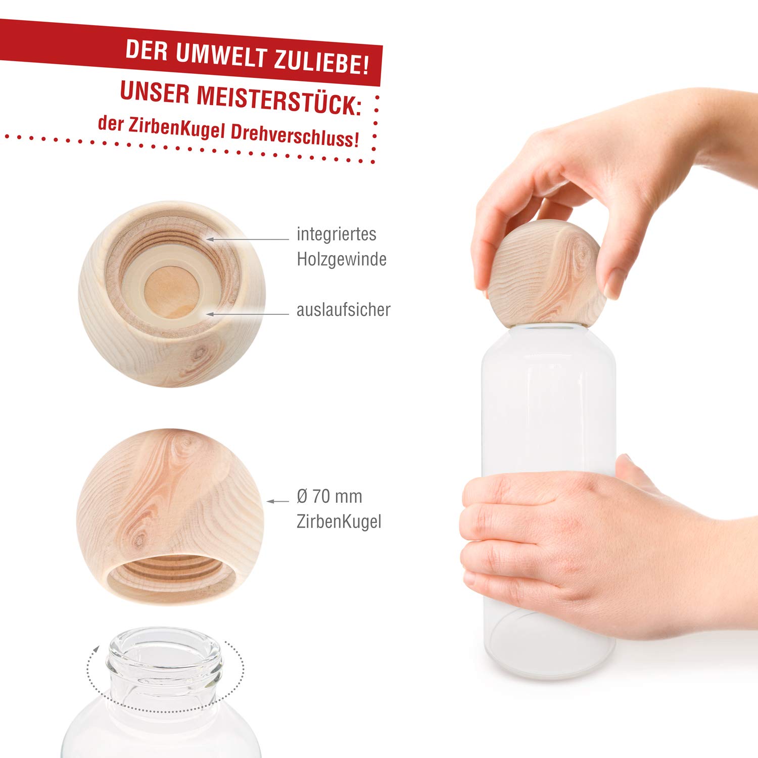 Zirben Familie® Original ZirbenKugel Trinkflasche 1 Liter | Verleiht dem Wasser eine besondere Note | Flasche aus Glas mit Zirbenkugel und Filzschutzhülle | Wasserflasche für unterwegs
